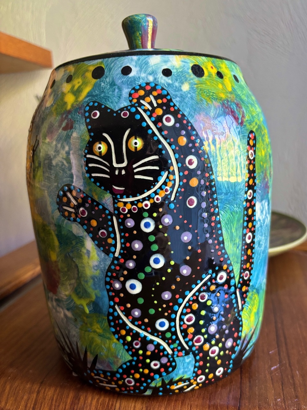 Mana Pottery “ Peyote Way” Original Colorful Cat Vase & Lid -Signed Original